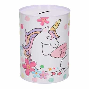 Dieren spaarpot eenhoorn met bloemen metaal 13 x 16 cm