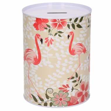 Dieren spaarpot flamingo met bloemen metaal 12 x 16 cm