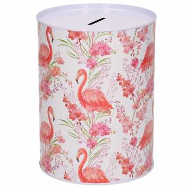Dieren spaarpot flamingo met planten metaal 12 x 16 cm