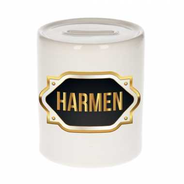 Naam cadeau spaarpot harmen met gouden embleem