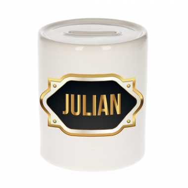 Naam cadeau spaarpot julian met gouden embleem