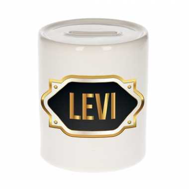 Naam cadeau spaarpot levi met gouden embleem