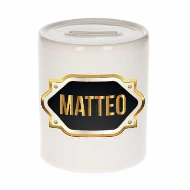 Naam cadeau spaarpot matteo met gouden embleem