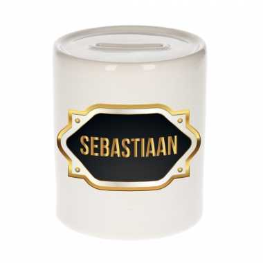 Naam cadeau spaarpot sebastiaan met gouden embleem