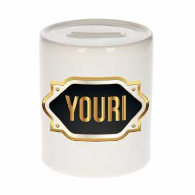Naam cadeau spaarpot youri met gouden embleem
