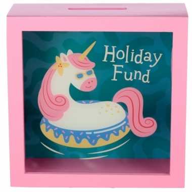 Roze vakantie fonds spaarpot met eenhoorn 18 cm