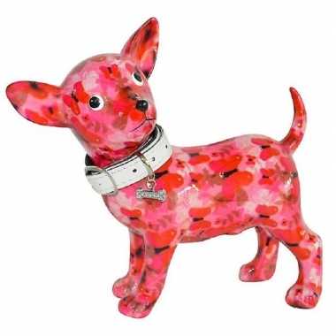 Spaarpot chihuahua hond roze met vlinders 21 cm