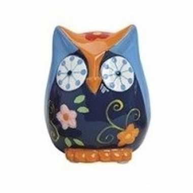Spaarpot uil blauw/oranje van keramiek 9 cm