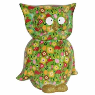 Spaarpot uil groen met tropische print 26 cm