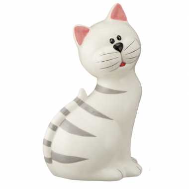 Witte kat met grijze strepen spaarpot 23 cm