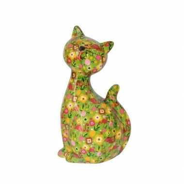 Xl spaarpot kat/poes groen met flamingos en bloemen 30 cm