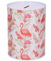 Dieren spaarpot flamingo met planten metaal 12 x 16 cm