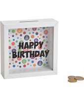 Houten witte spaarpot happy birthday met glas 15 cm