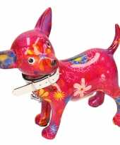 Spaarpot chihuahua hond paars roze met bloemen print 21 cm