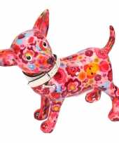 Spaarpot chihuahua hond roze met olifant en bloemen 21 cm