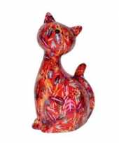 Xl spaarpot kat poes rood met bloemetjes 30 cm